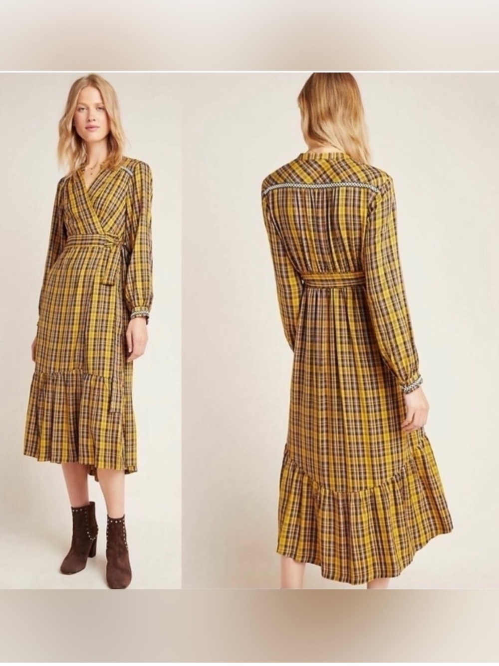 Anthropologie Yellow Plaid Dalton Wrap Midi Dress